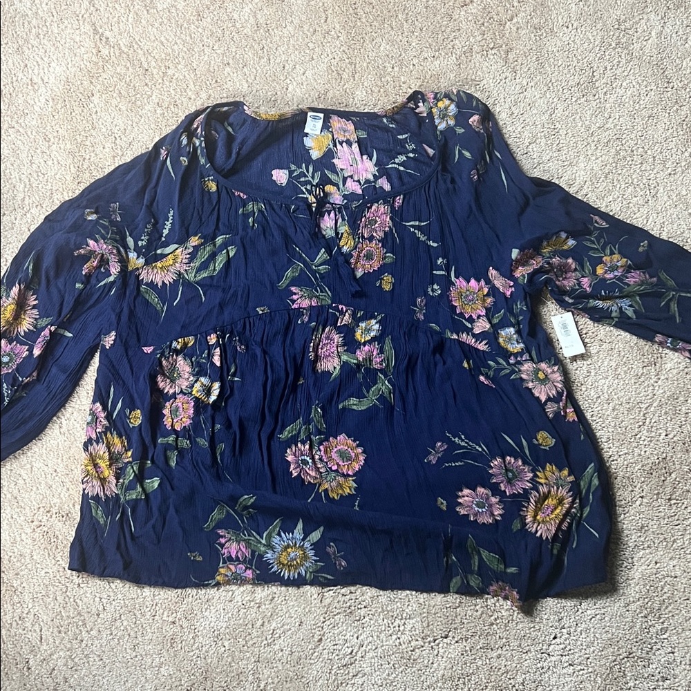 Old Navy Dark Blue Floral Blouse with Pink and Yellow Highlights